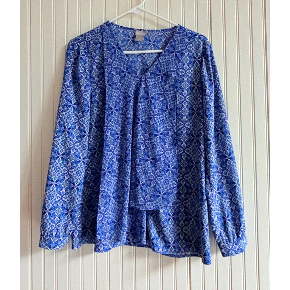 Chicos Blue‎ Geometric Medallion Print Drape Front Long Sleeve Blouse Size 0 S/M